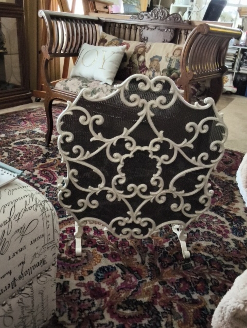 Ornate Cream Metal Fireplace Screen - Home Accents